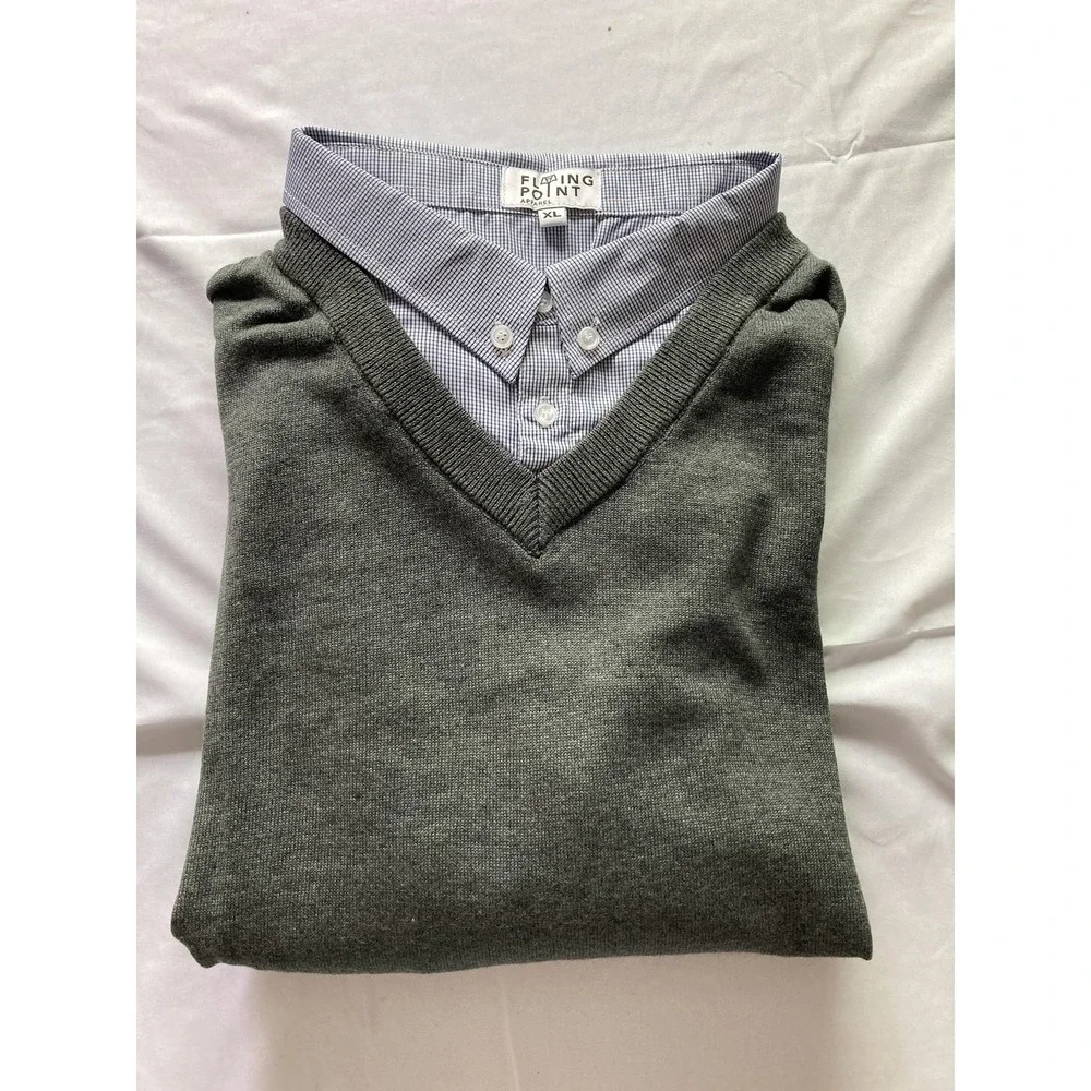 Vtg Flying Point Sweater Men XL VNeck Cotton Knit 1 Piece Shirt Collar Trim NEW